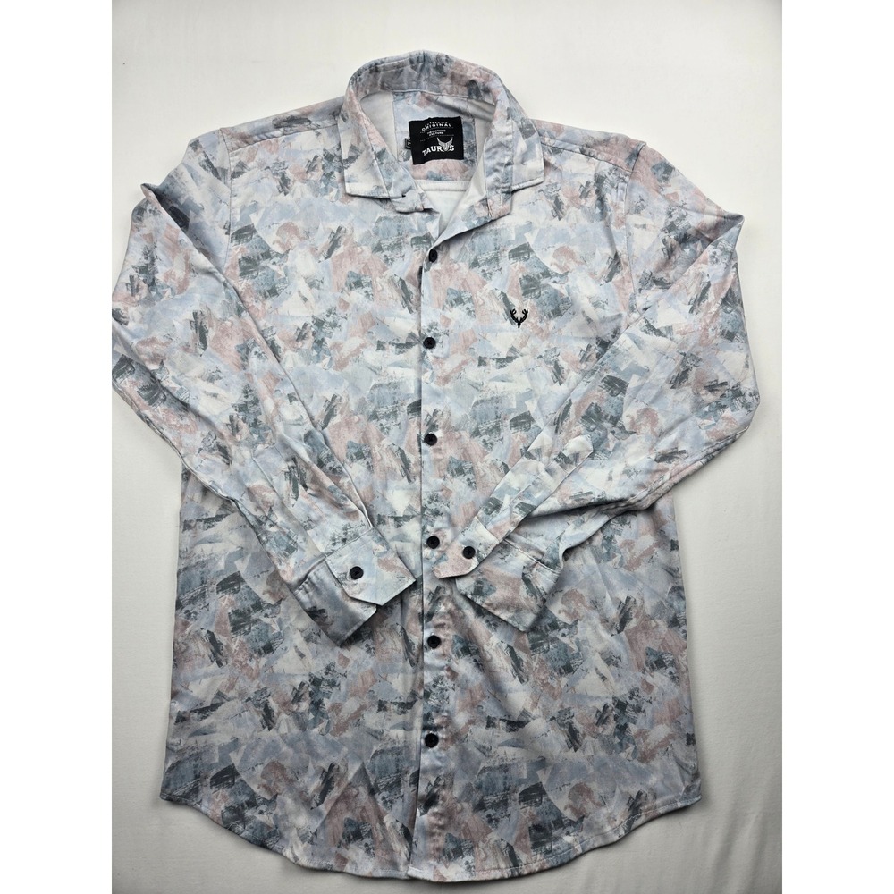 Taurus Men's Long Sleeve Button Up Shirt Abstract Print Gray Blue Pink‎ Size L